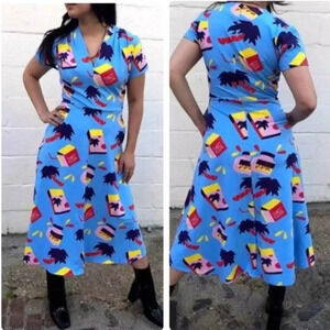 Nooworks Snack Box Dress Greta Blue Snacks Midi Short Sleeve XS V Neck Made USA